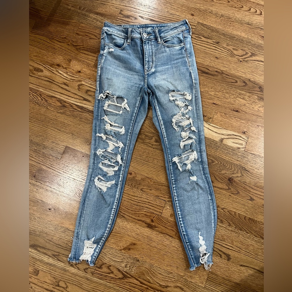 American Eagle Next Level Stretch, distressed skinny, high-waist, frayed hemline